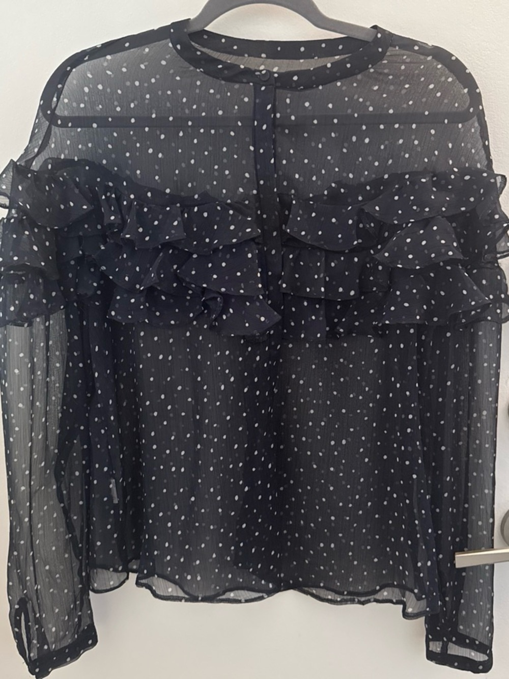 Mango Black Sheer Polka Dot Ruffle Blouse - Women Tops